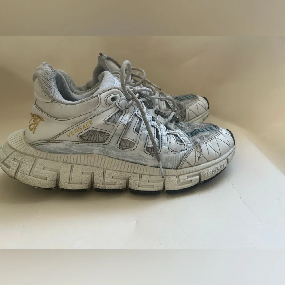 Versace White and Gray Men's Runner Sneakers with Gold Accents